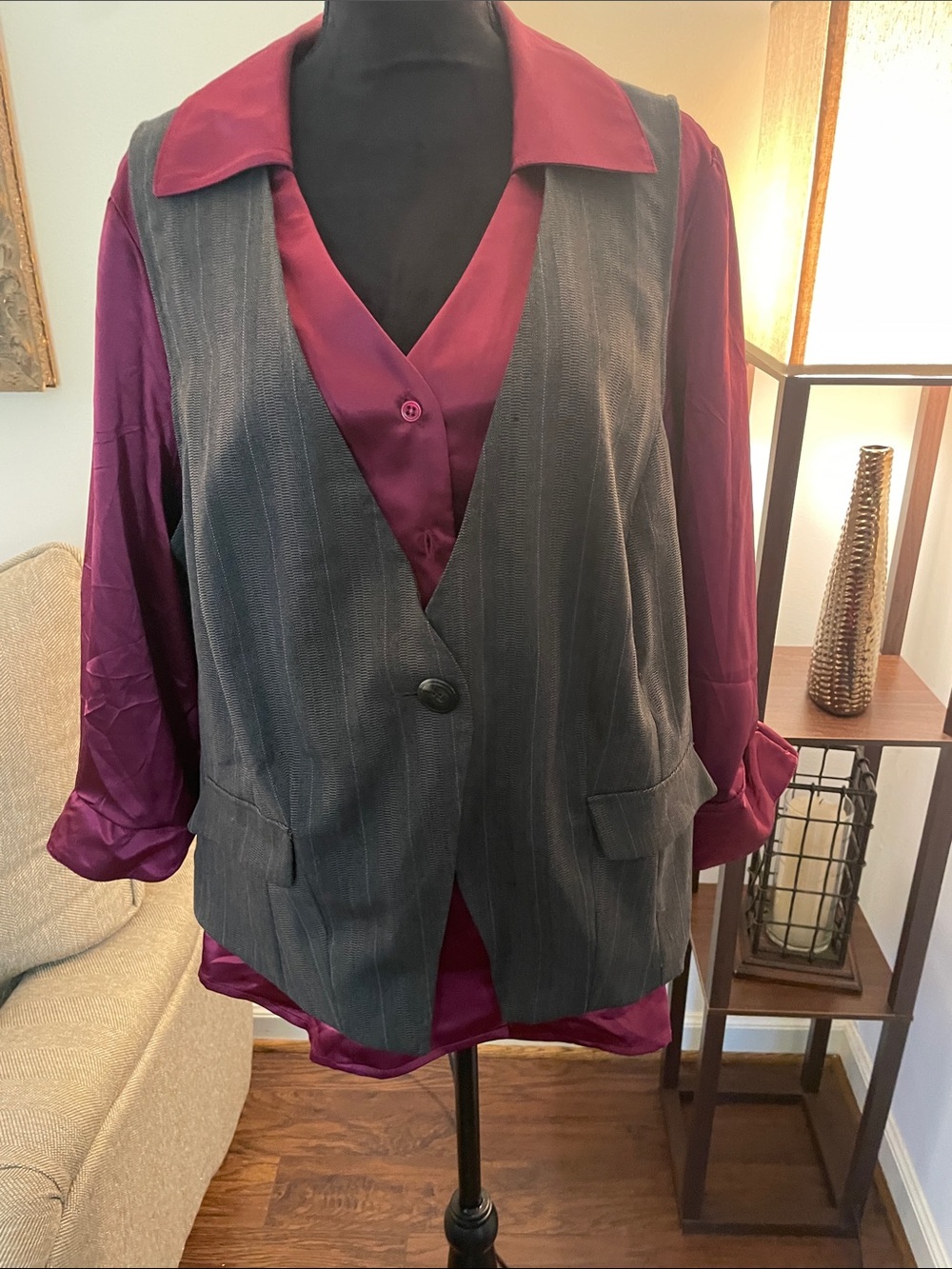 Lane Bryant Plum Satin Blouse with Gray Pinstripe Vest